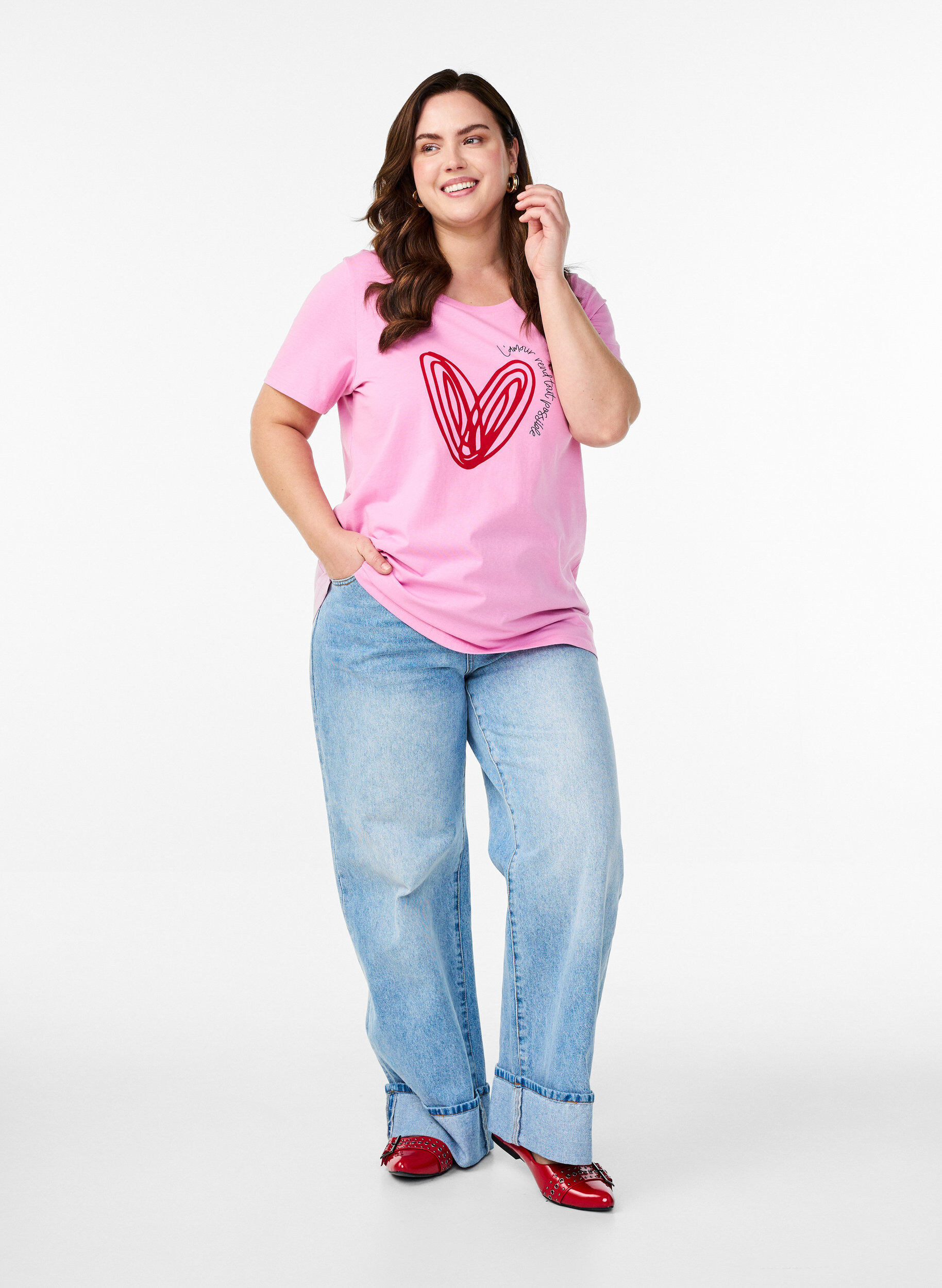 Zizzi Bomulds t-shirt med motiv, Begonia P. w. Heart, Model image number 2