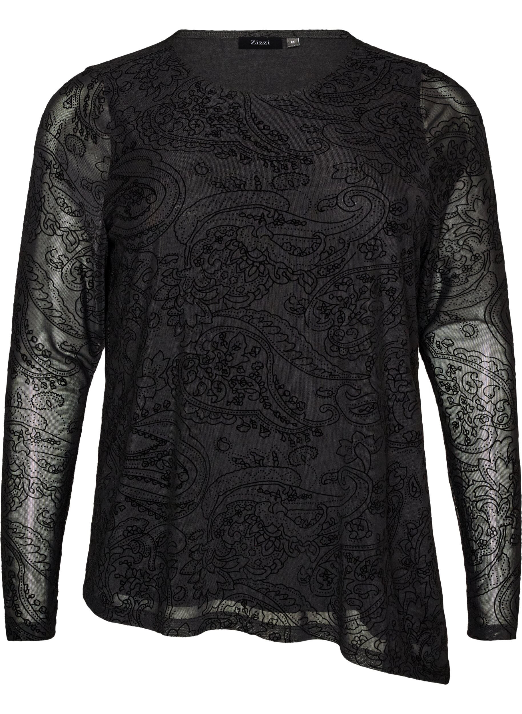 ZizziMeshbluse med paisleym&oslash;nster og skr&aring; kant, Sort, Packshot image number 0