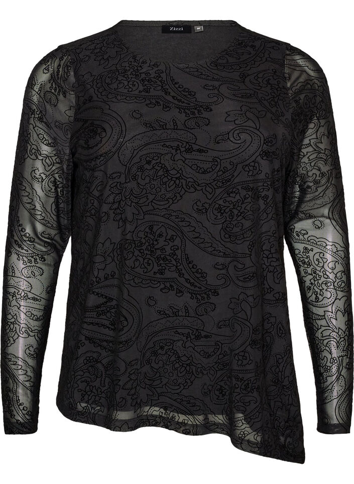 Meshbluse med paisleym&oslash;nster og skr&aring; kant, Sort, Packshot image number 0