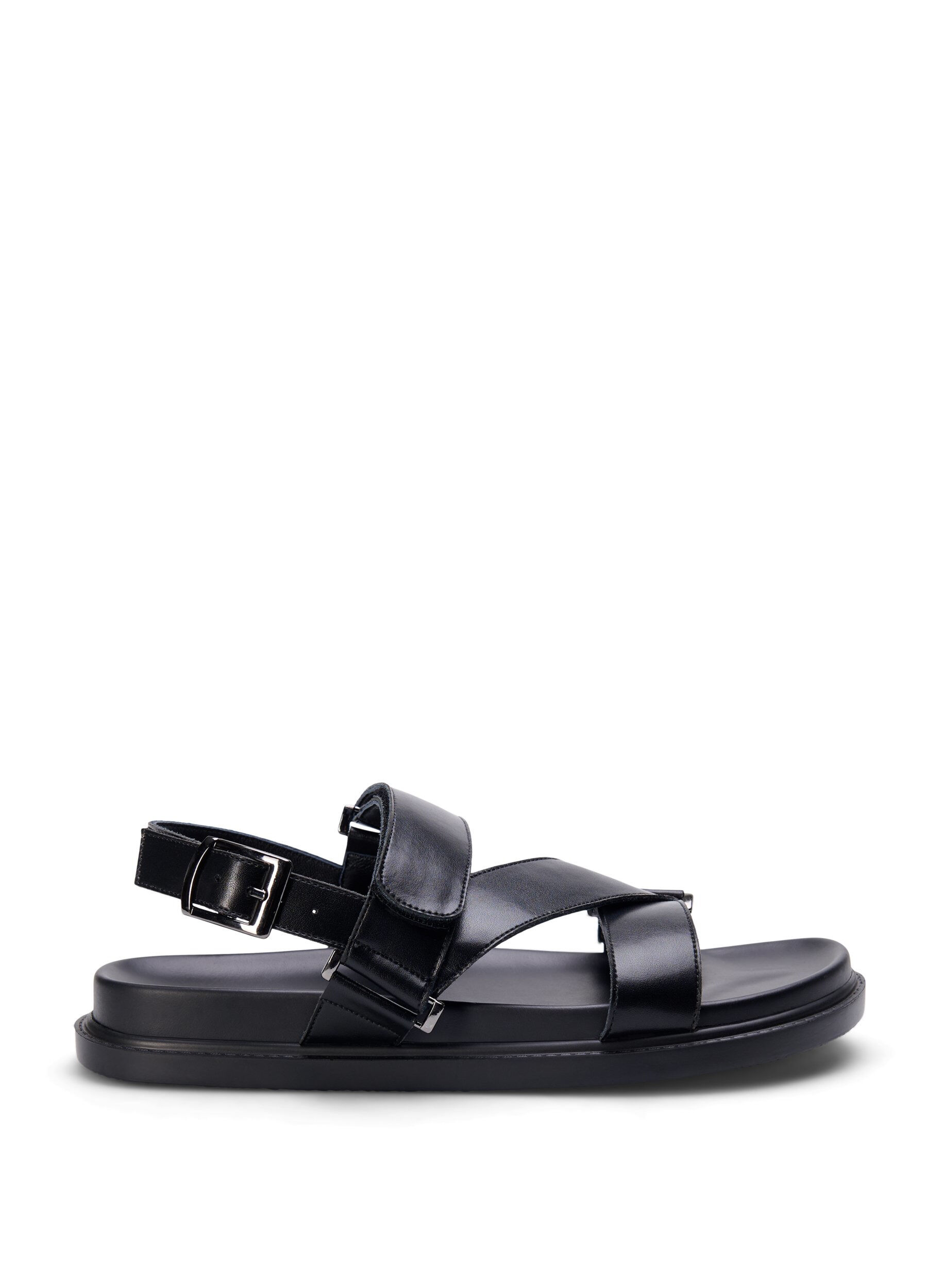Zizzi Wide fit - L&aelig;dersandal med justerbare stropper, Sort, Packshot image number 0