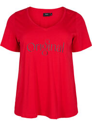Bomulds t-shirt med teksttryk og v-hals, Tango Red ORI