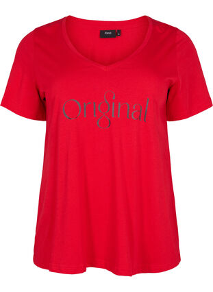 Bomulds t-shirt med teksttryk og v-hals, Tango Red ORI, Packshot image number 0