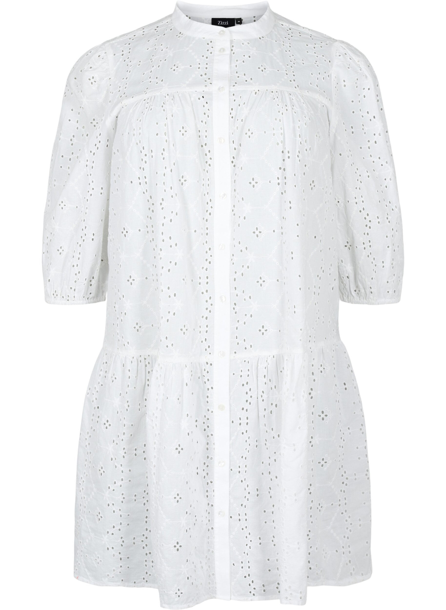 Zizzi Broderi anglaise skjortekjole i bomuld, Bright White, Packshot image number 0