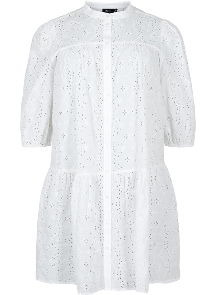 Broderi anglaise skjortekjole i bomuld, Bright White, Packshot image number 0