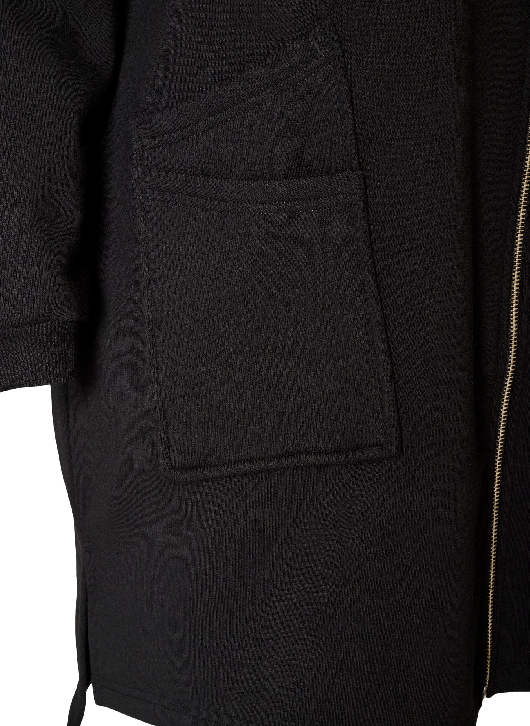 ZizziLang hoodie-cardigan med lynl&aring;s, Sort, Packshot image number 3