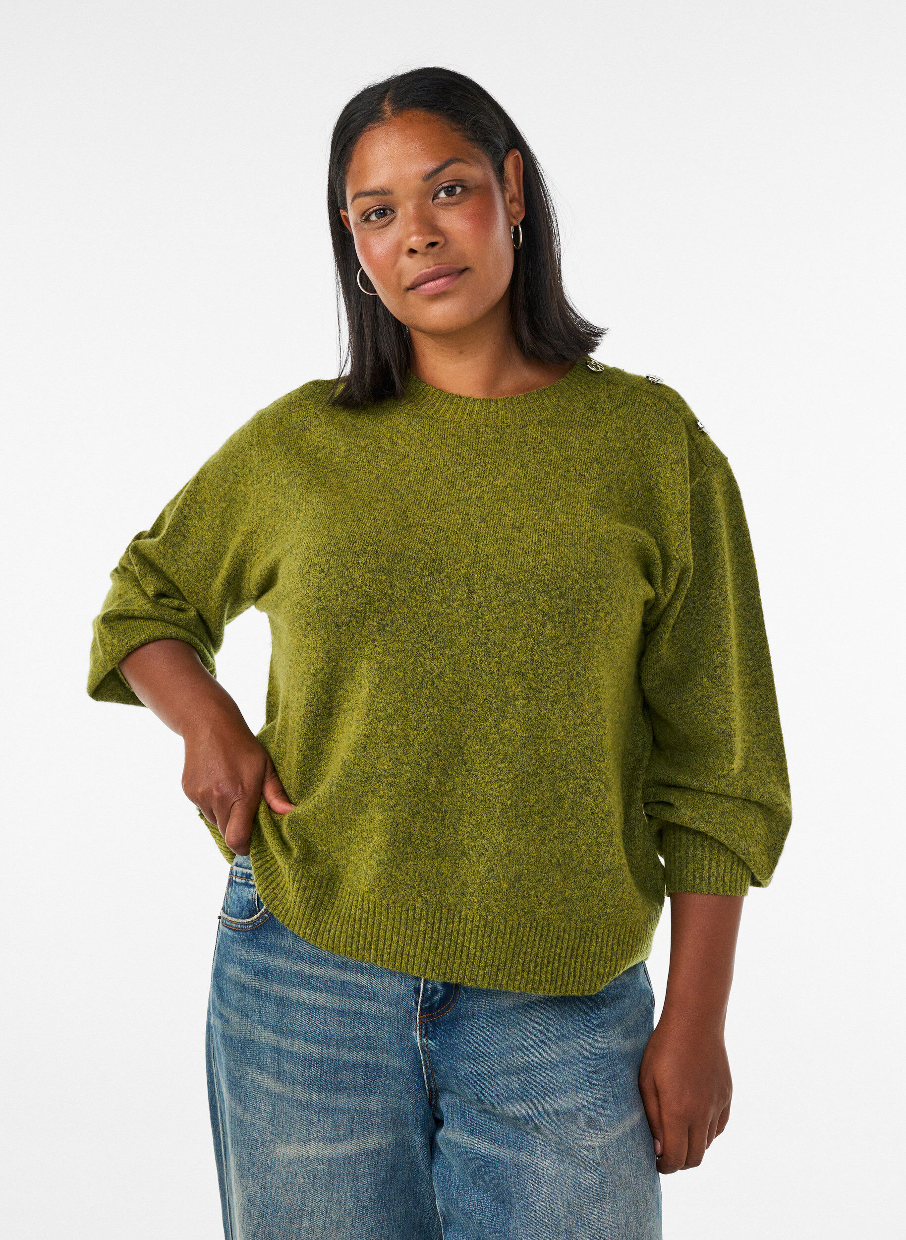 Strikbluse med knapdetalje, Gr&oslash;n, Model