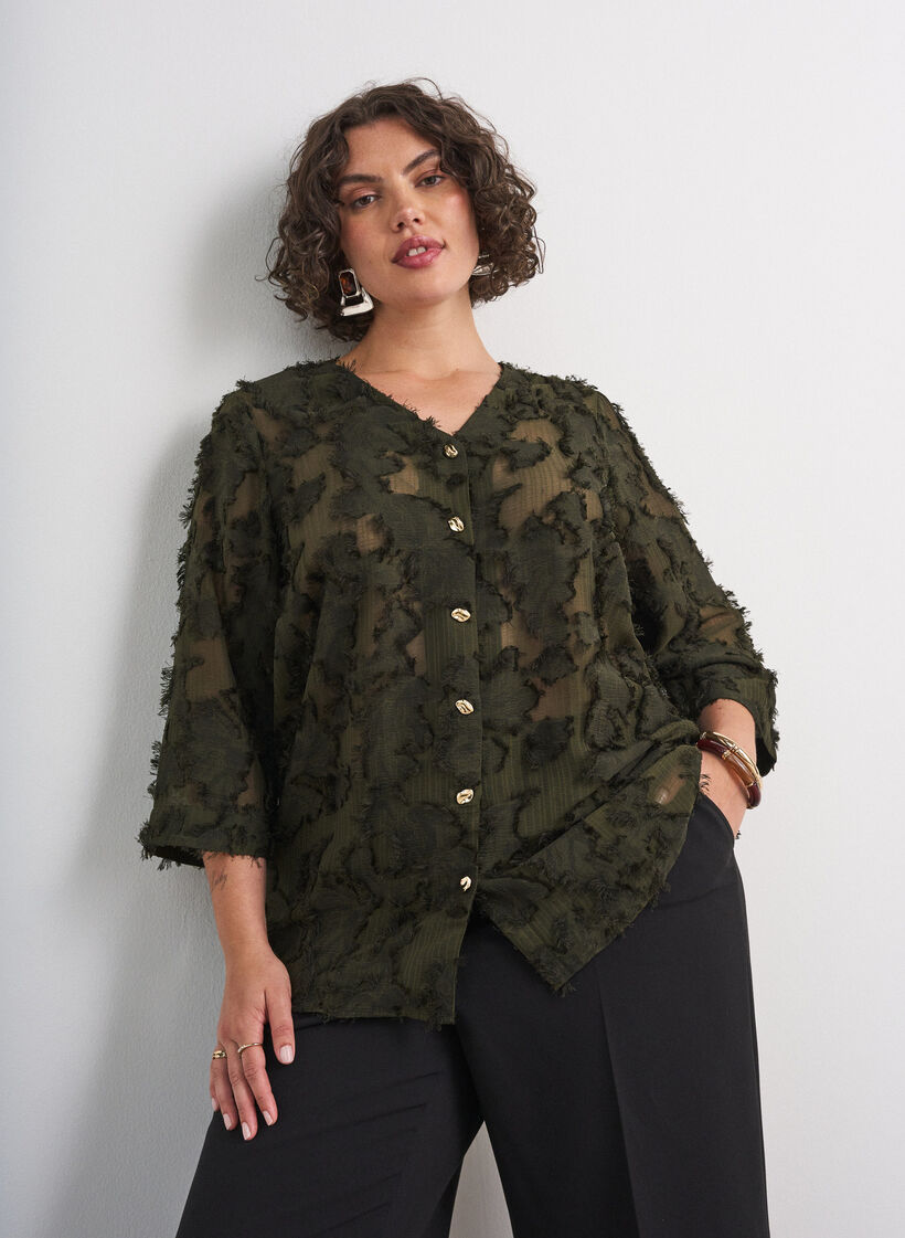 Bluse med frynsede tr&aring;de og struktur, Gr&oslash;n, Model image number 0
