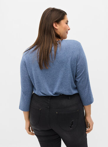 Meleret bluse med knapper og 3/4 ærmer , Blue Melange, Model image number 1