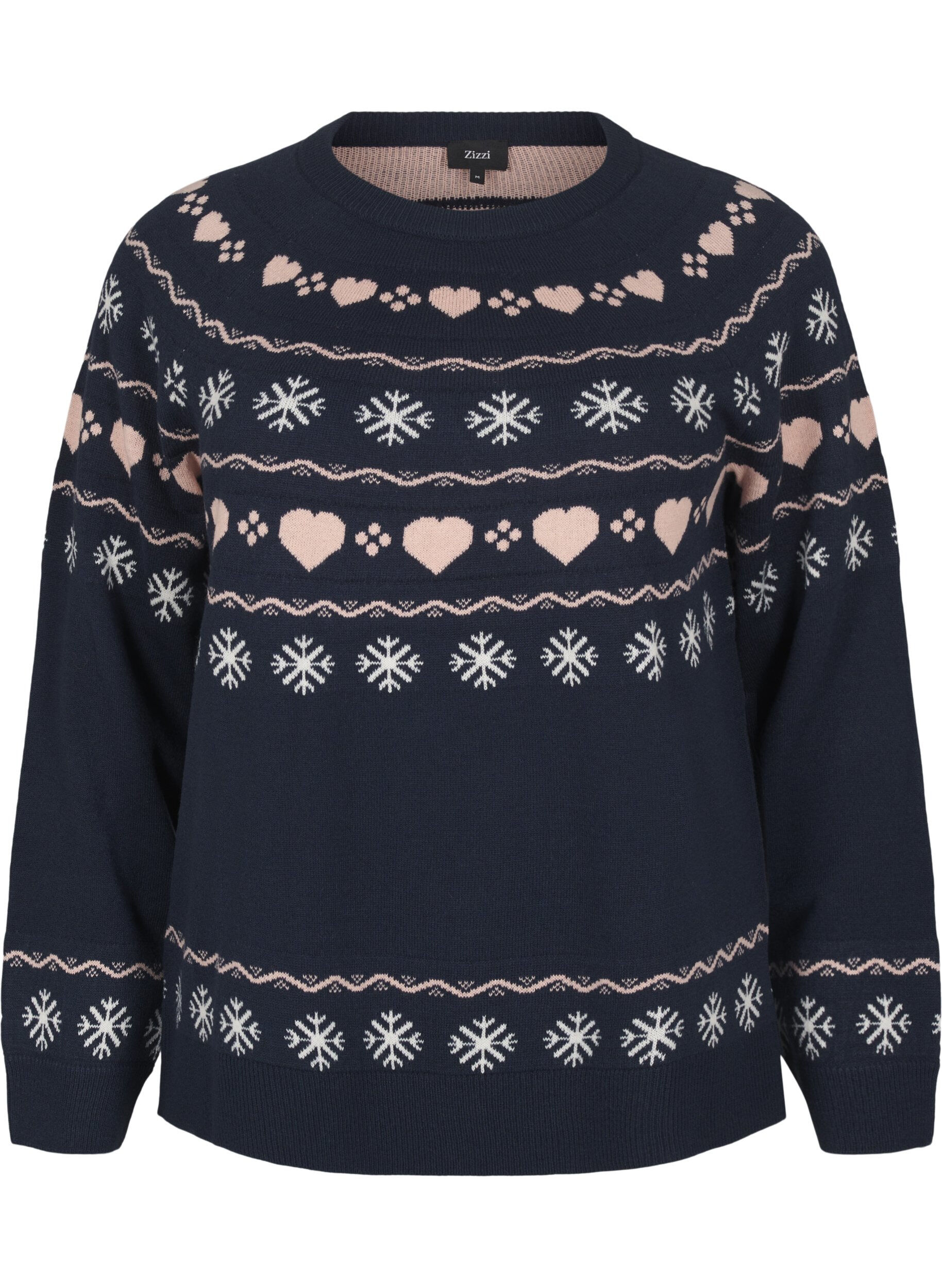Zizzi Lang&aelig;rmet strikbluse med julemotiv, Navy Blazer Comb, Packshot image number 0
