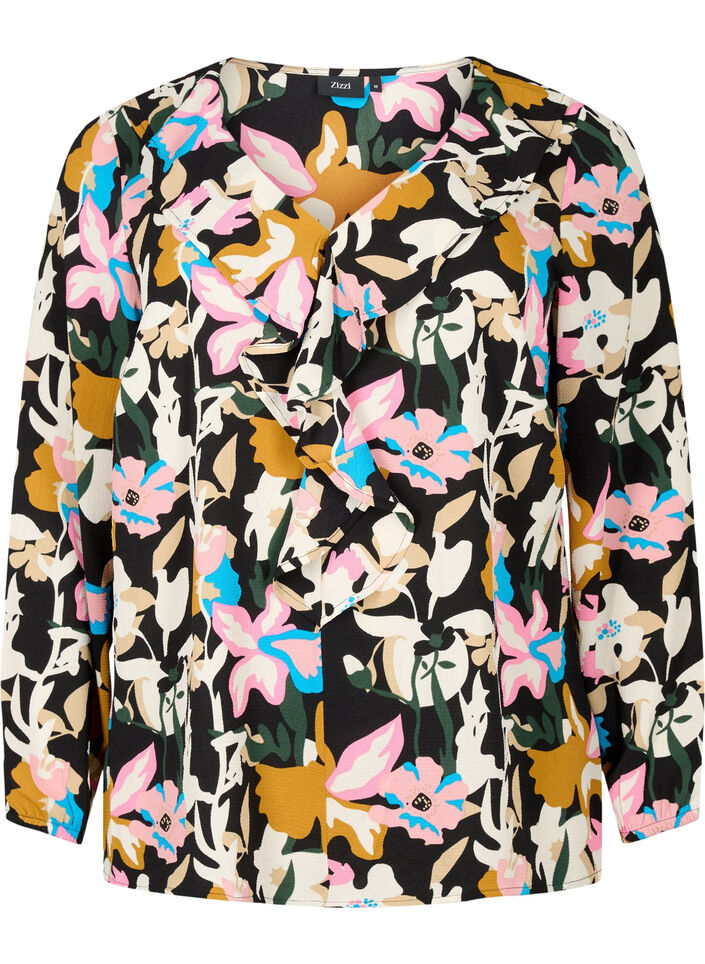 Printet bluse med flæser , Black Multi Flower, Packshot image number 0