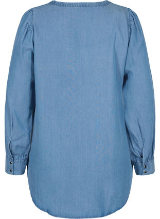 Langærmet skjorte med v-hals og flæsedetaljer, Blue denim, Packshot image number 1