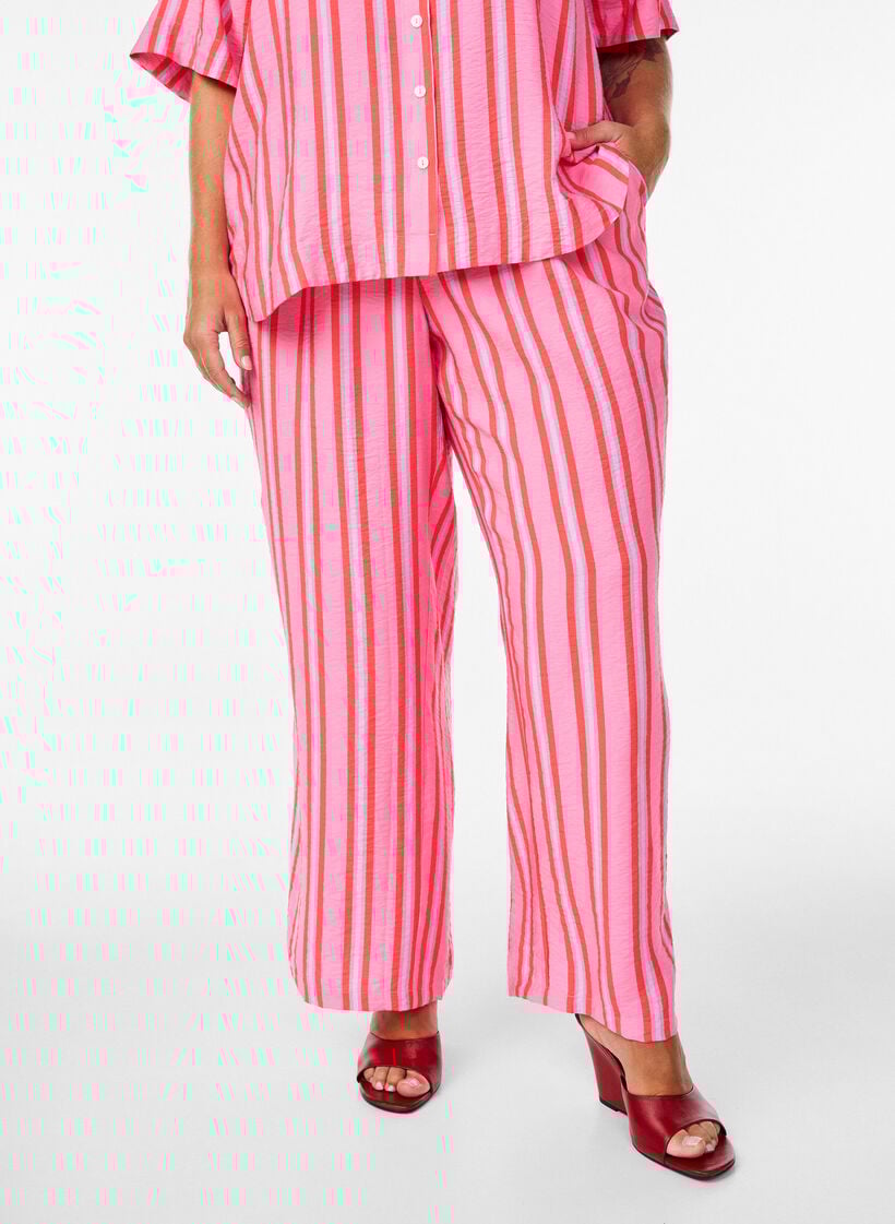 Stribede bukser med h&oslash;j talje og brede ben, Lyser&oslash;d, Model image number 2