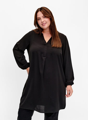 Langærmet kjole med v-udskæring, Black, Model image number 0