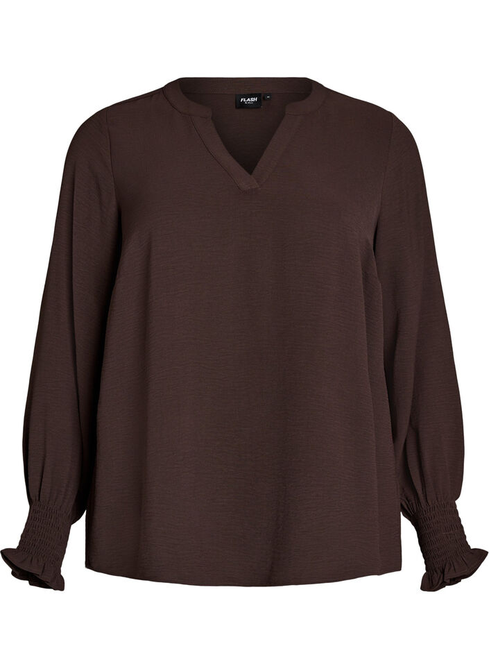 Bluse med smock manchetter og V-udsk&aelig;ring, Brun, Packshot image number 0