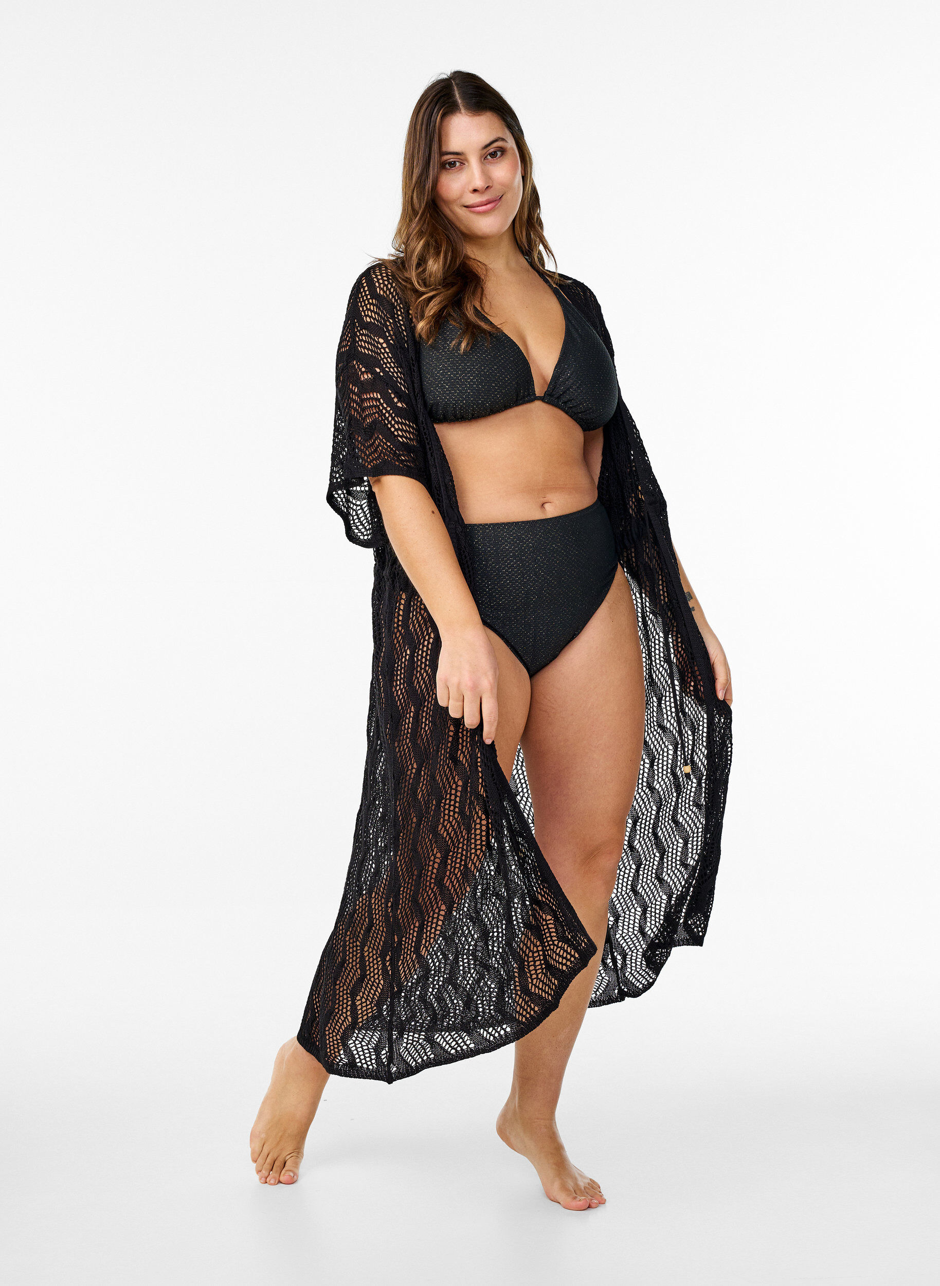 Zizzi Strand kimono med bindeb&aring;nd, Sort, Model image number 0