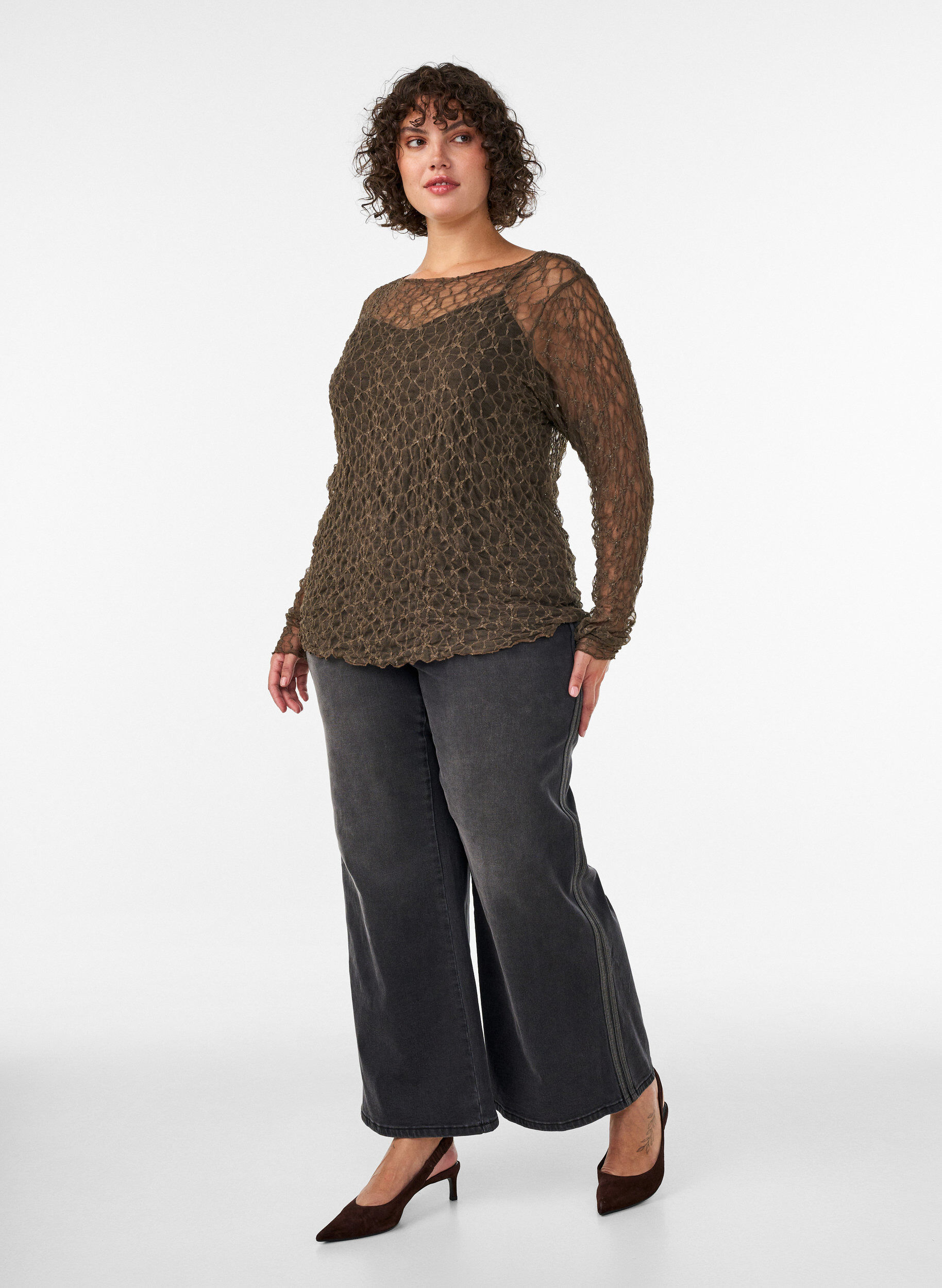 ZizziMeshbluse med m&oslash;nster og glimmertr&aring;d, Brun, Model image number 1
