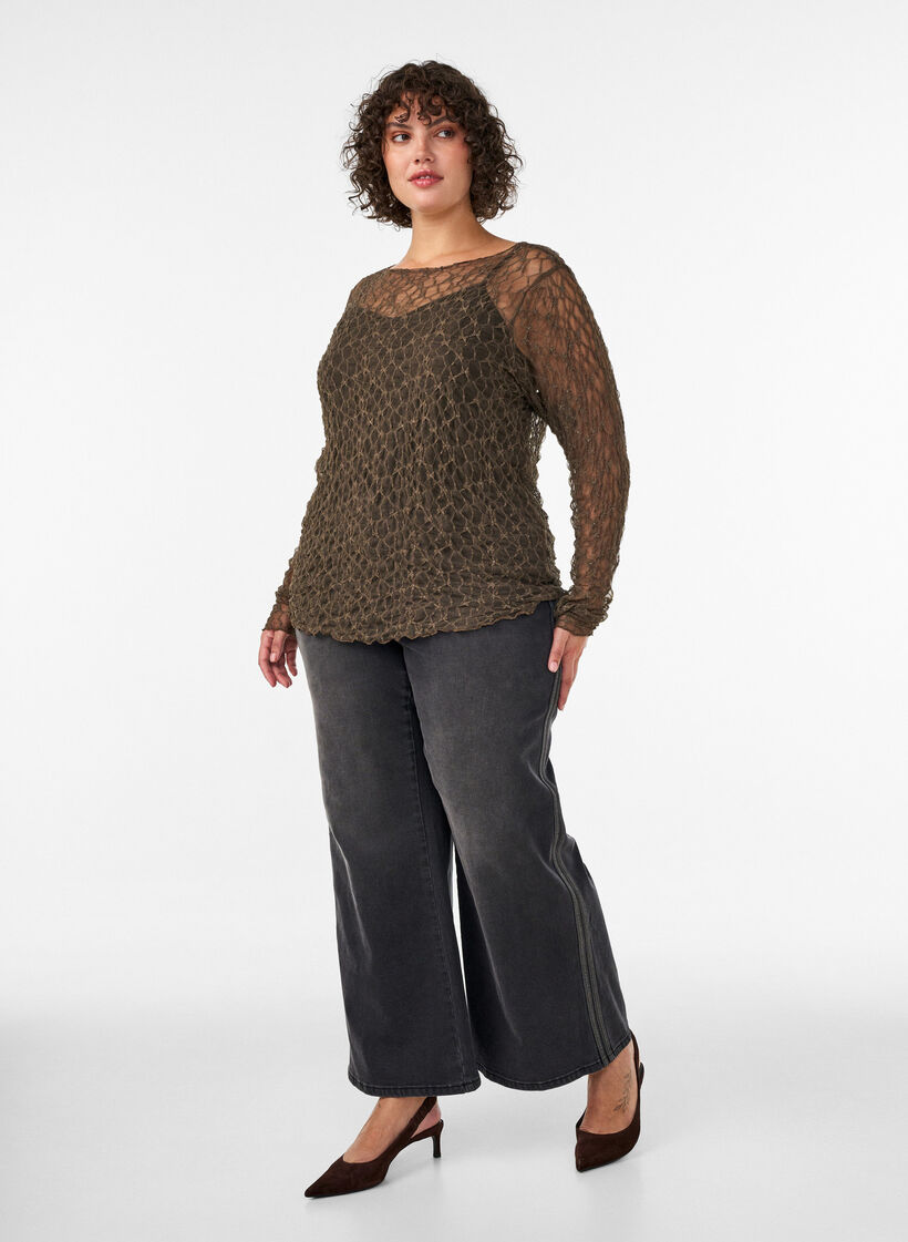 Meshbluse med m&oslash;nster og glimmertr&aring;d, Brun, Model image number 1