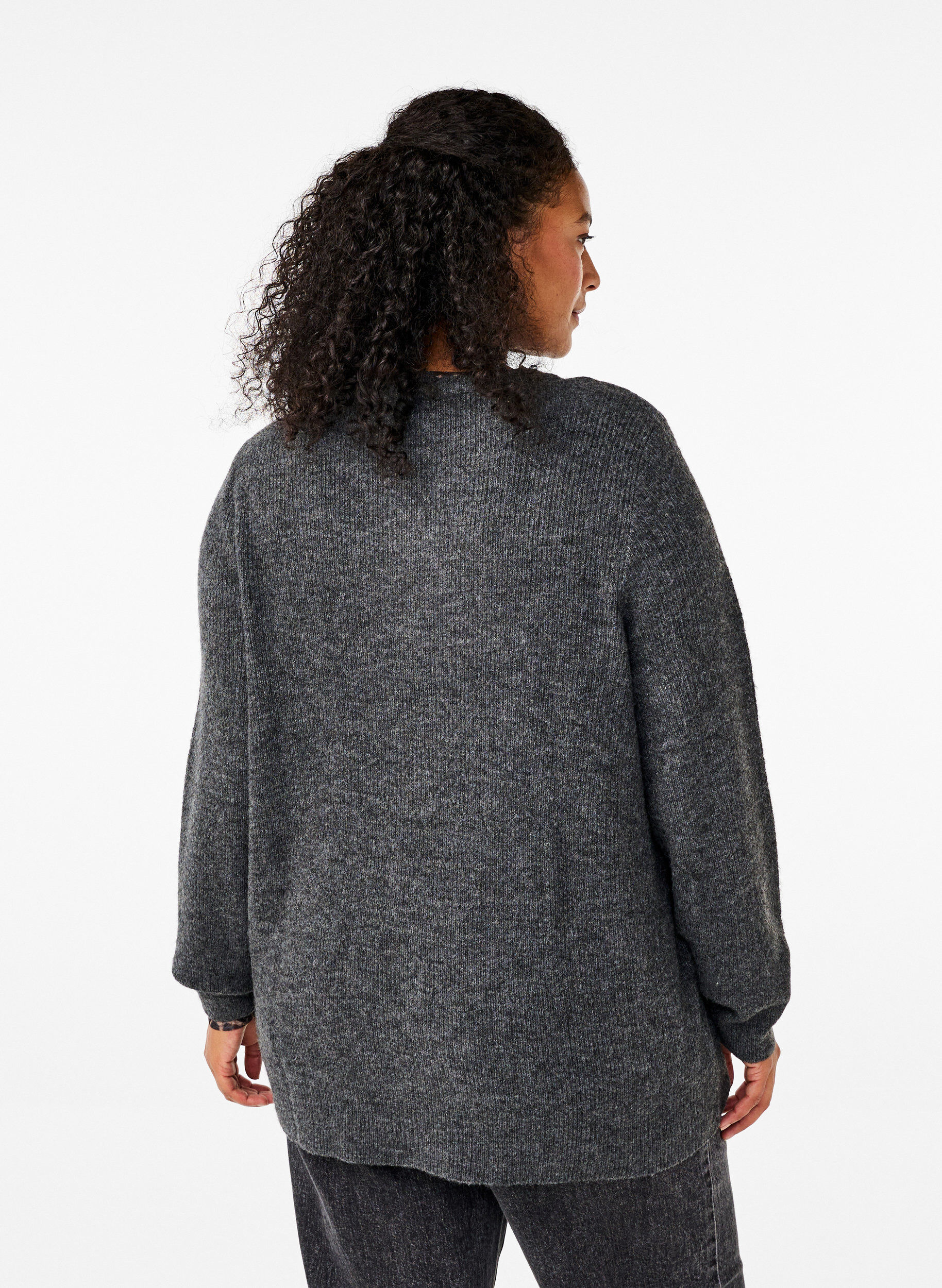 Zizzi Meleret strikbluse med rund hals, Dark Grey Black Mel., Model image number 1