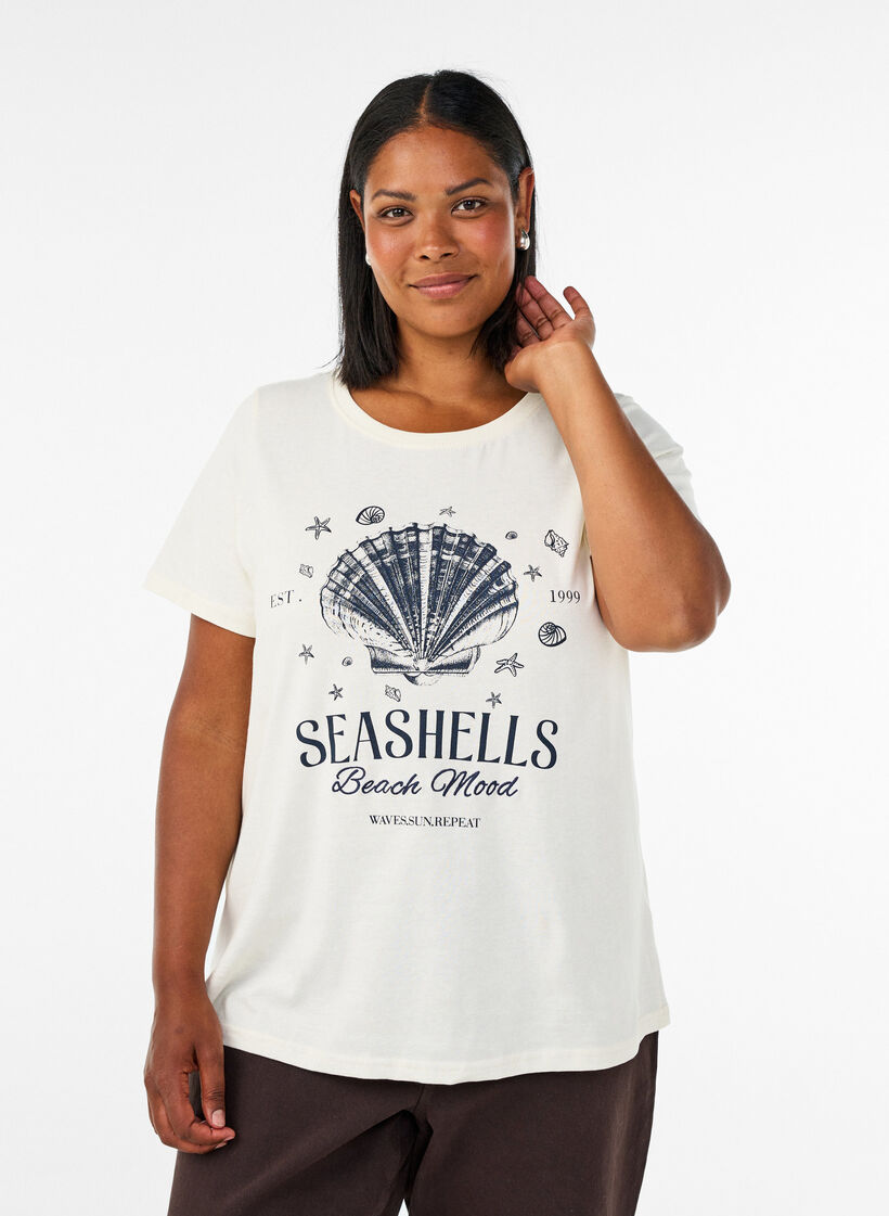 T-shirt i bomuld med printmotiv, Vanilla, Model image number 0