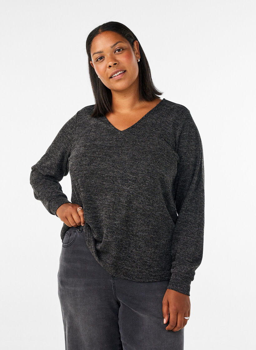 Jerseybluse med V-hals og lange &aelig;rmer, Sort, Model image number 0