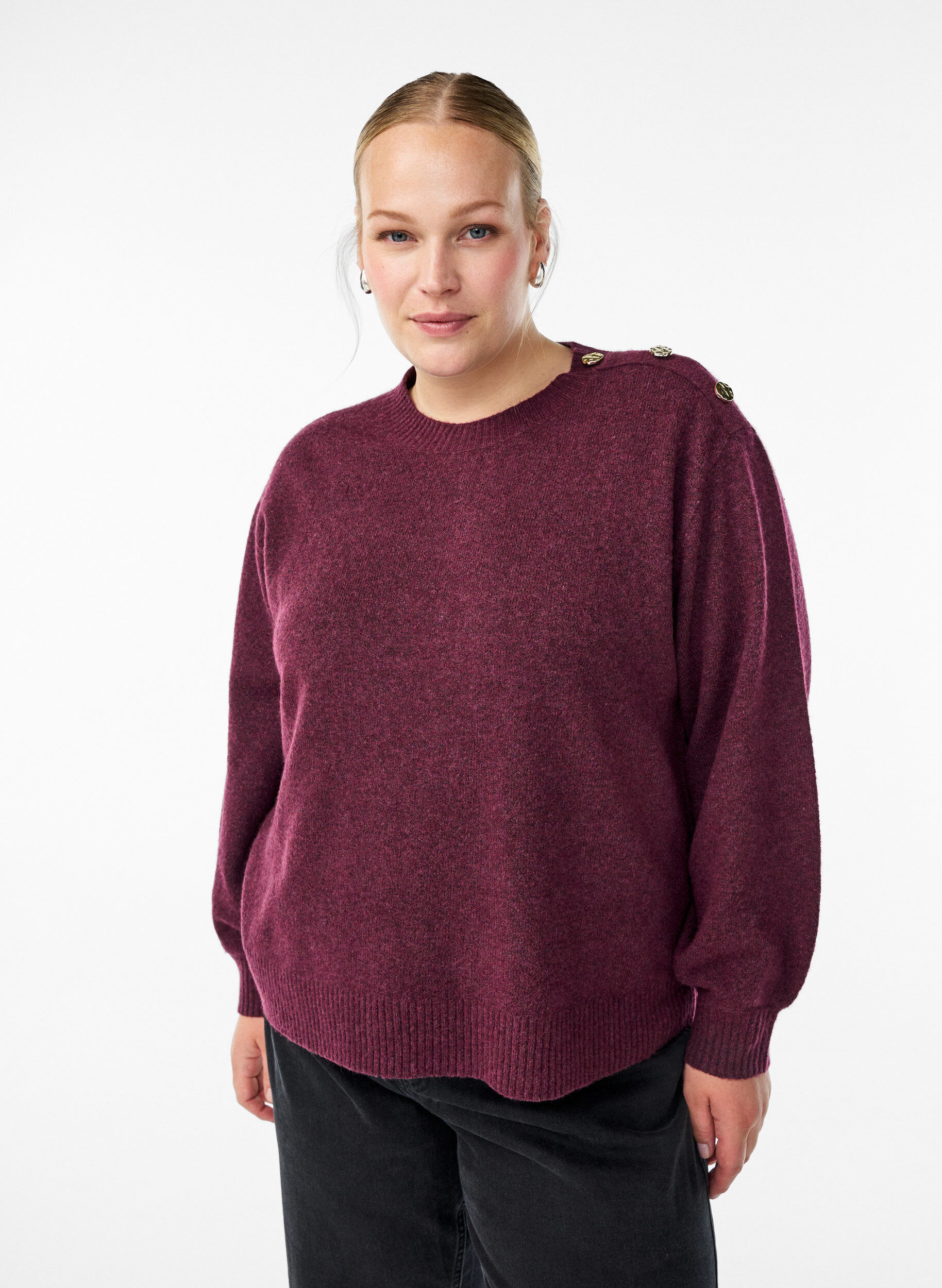 ZizziStrikbluse med knapdetalje, M&oslash;rk Bordeaux, Model image number 0