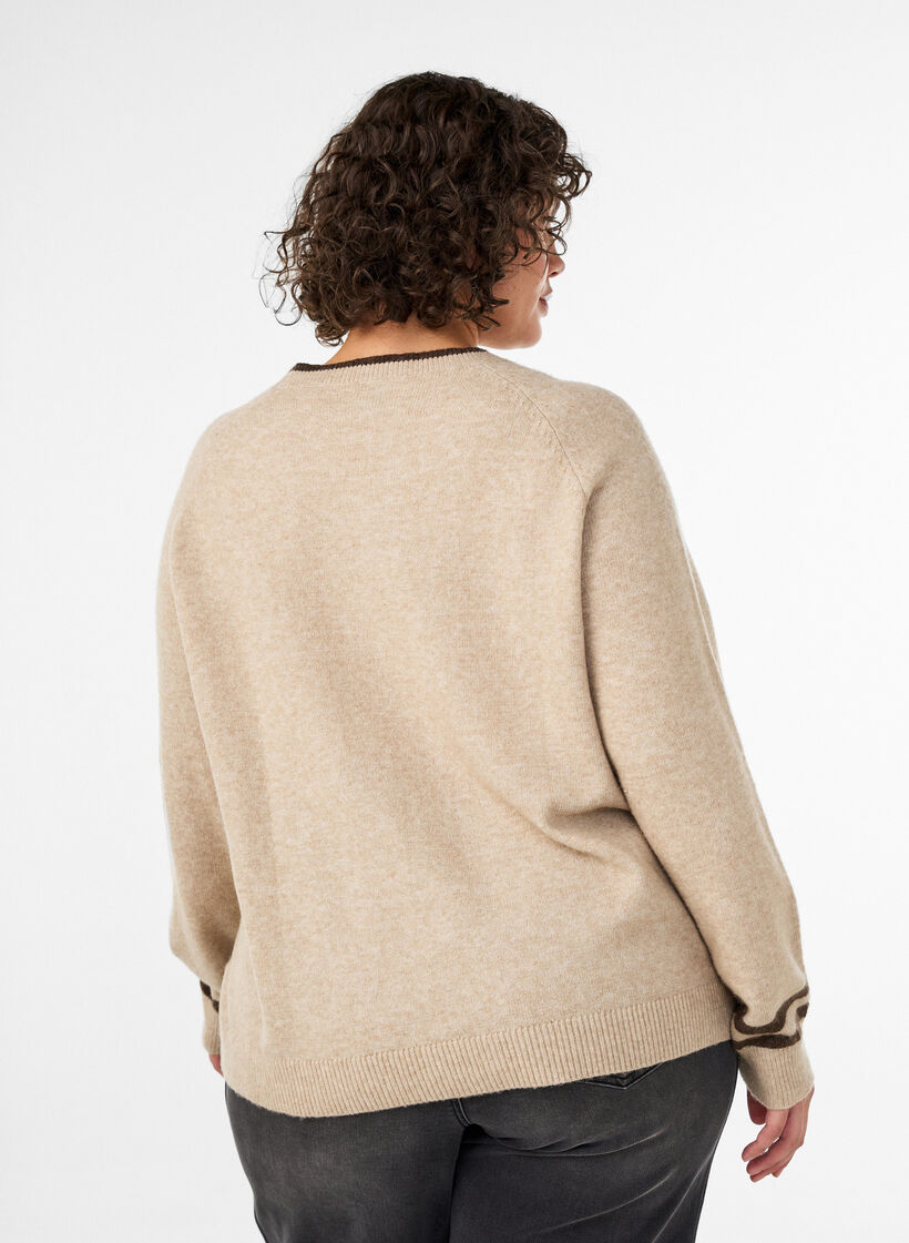 Strikbluse med logo og kontraststriber, Beige, Model image number 2