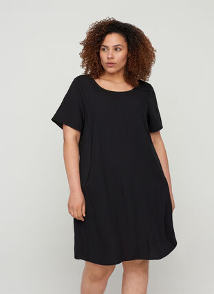Kortærmet viskose kjole med lommer, Black, Model image number 0