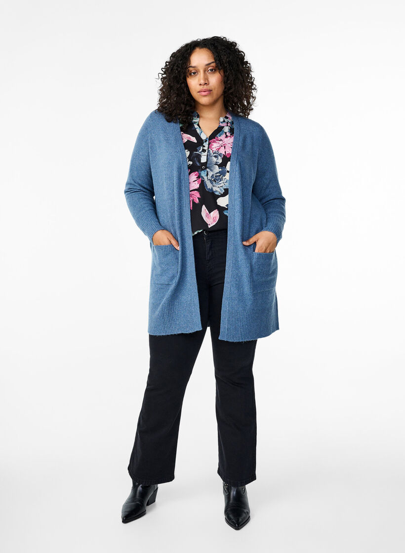 Meleret strik cardigan med lommer, Bl&aring;, Model image number 1