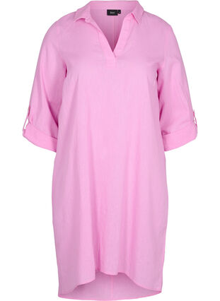 Stribet kjole i bomuld og hør, Begonia Pink, Packshot image number 0