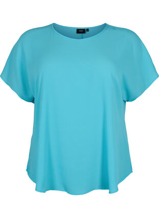Bluse med korte ærmer og rund halsudskæring, Blue Atoll, Packshot image number 0