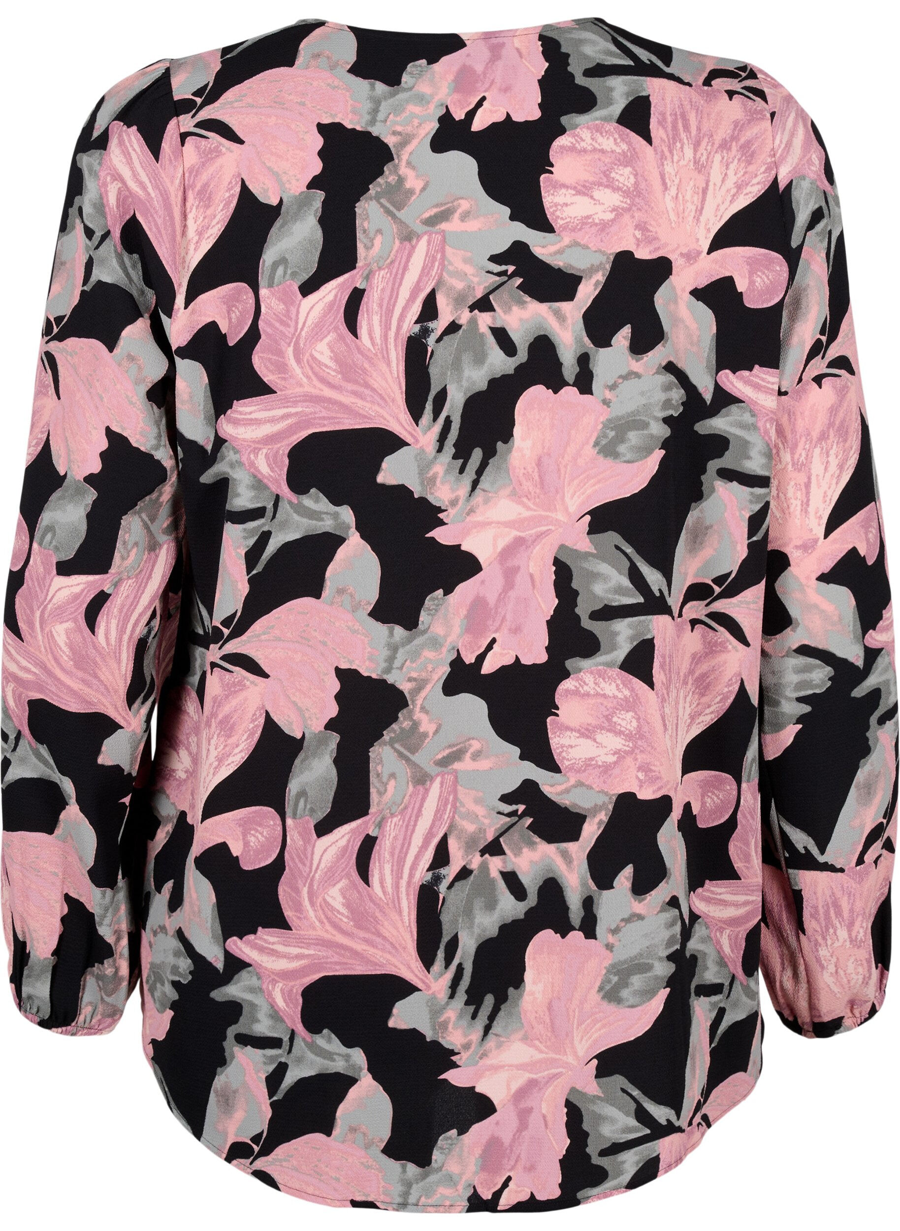 Zizzi Skjortebluse med v-hals og print, Black Pale Mauve Fl., Packshot image number 1