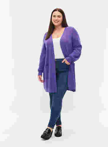 Lang strikket cardigan med ballonærmer, Purple Opulence, Model image number 2