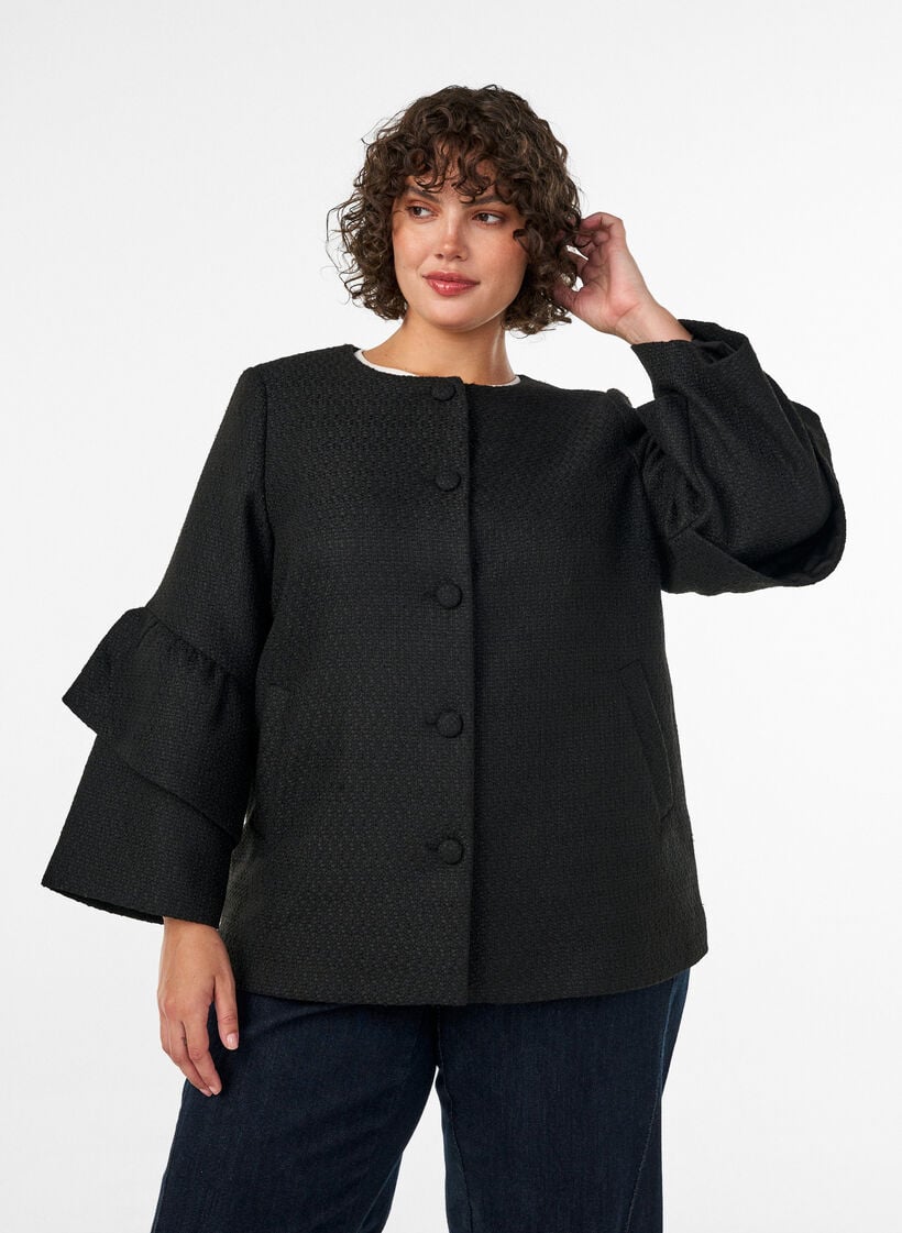 Boucl&eacute;jakke med fl&aelig;sedetaljer, Sort, Model image number 0