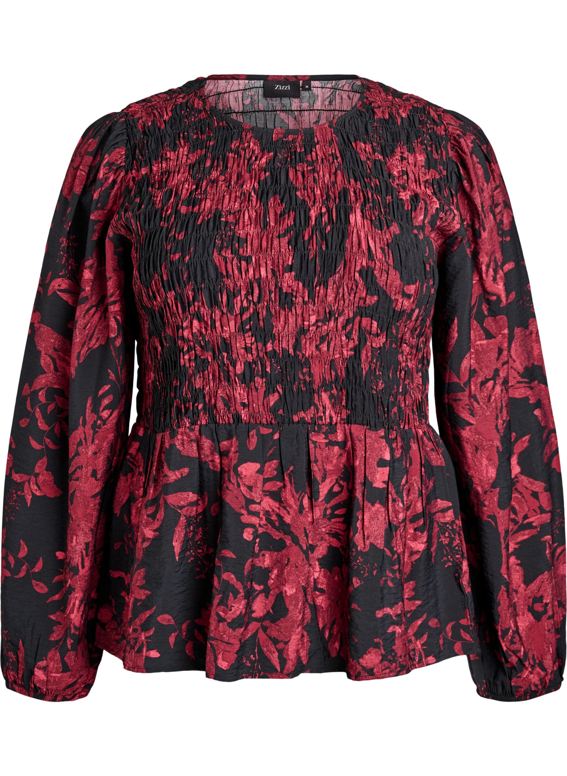 ZizziBluse med smock og lange &aelig;rmer, Sort, Packshot image number 0