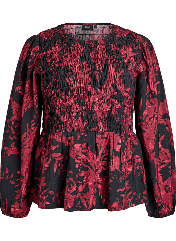 Bluse med smock og lange &aelig;rmer, Sort, Packshot image number 0