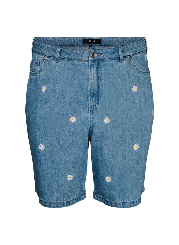 Denimshorts med blomsterbroderi og h&oslash;j talje, Bl&aring;, Packshot image number 0