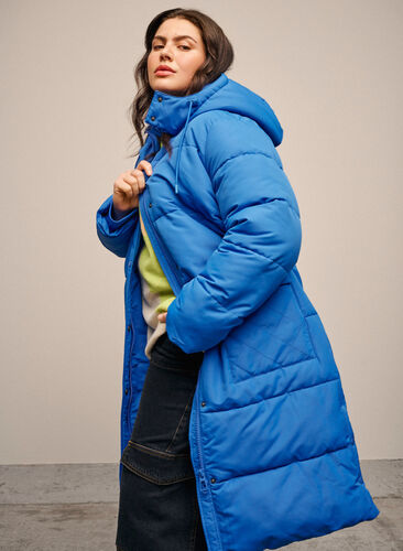 Lang puffer jakke med lommer og hætte, French Blue, Image image number 0