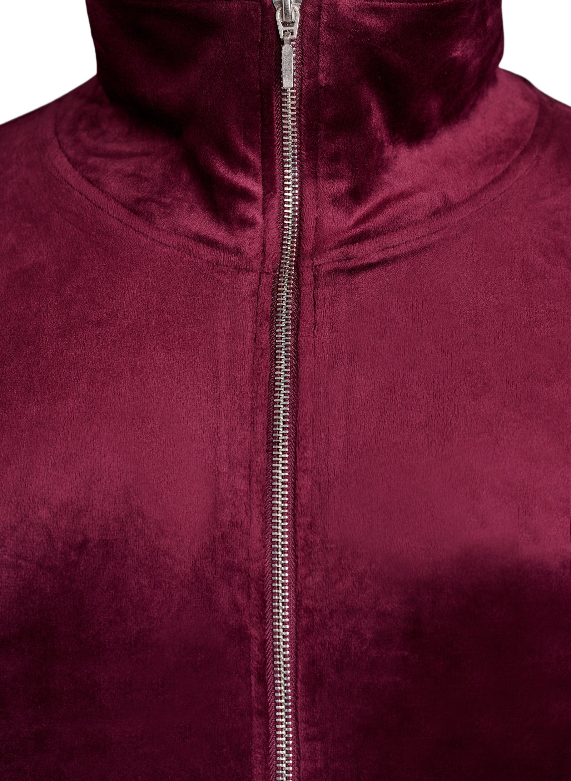 ZizziCardigan i bl&oslash;d velour med lynl&aring;s og h&oslash;j krave, M&oslash;rk Bordeaux, Packshot image number 2