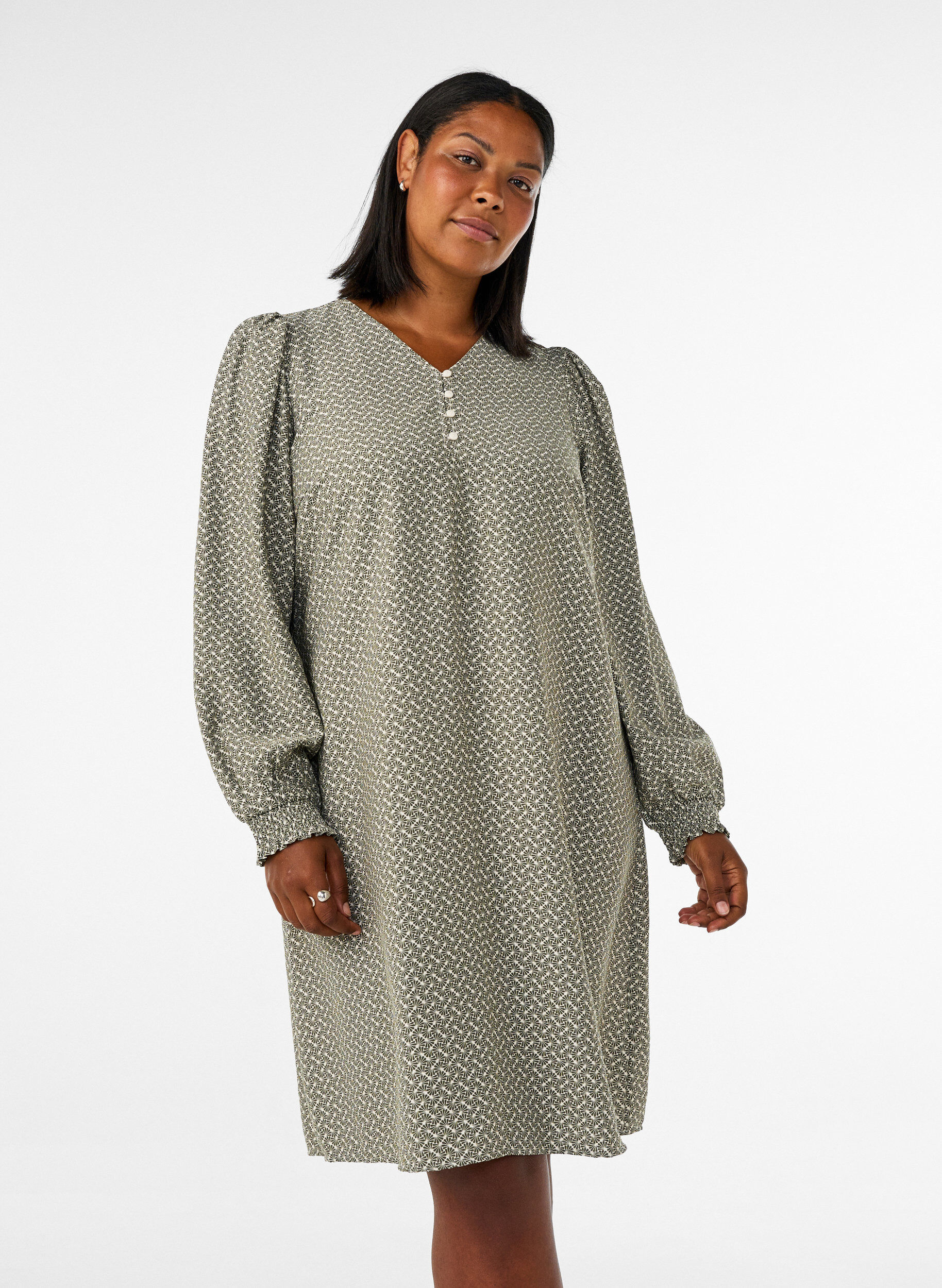 ZizziViskosekjole med m&oslash;nster og lange &aelig;rmer, Gr&oslash;n, Model image number 0