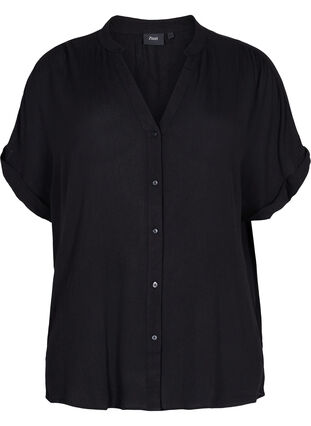 Kortærmet viskose skjorte med v-udskæring, Black, Packshot image number 0