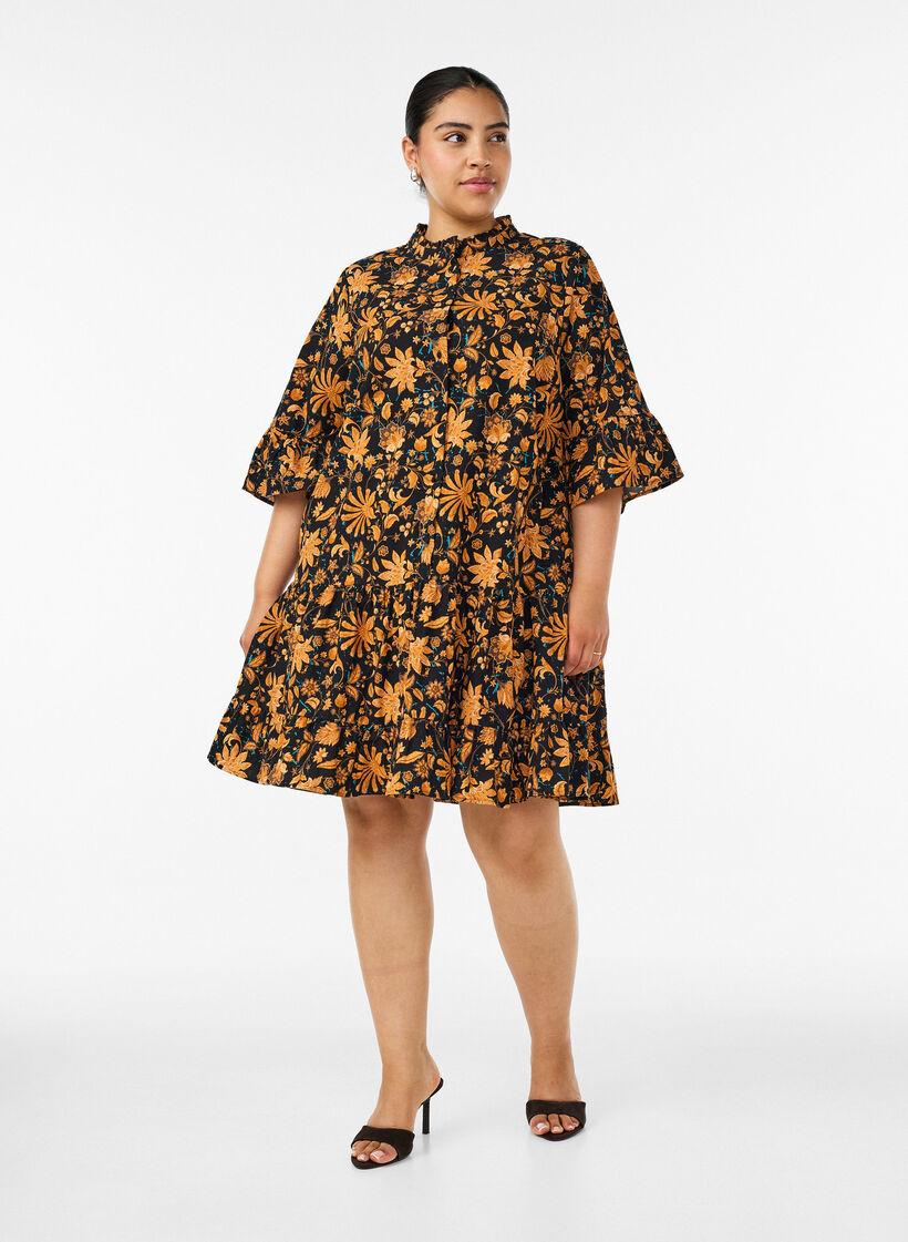 Blomstret bomuldskjole med fl&aelig;sedetaljer og l&oslash;s A-form, Orange, Model image number 1