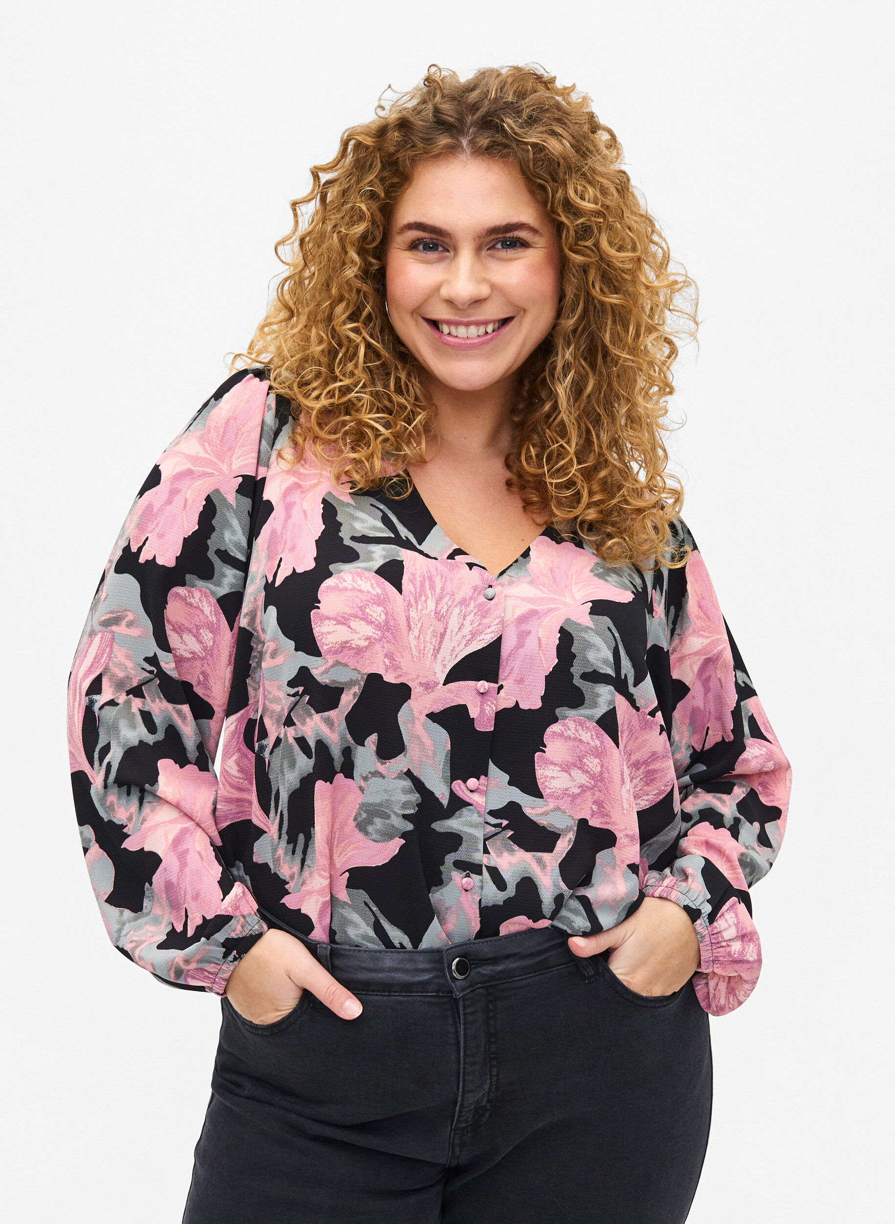 Zizzi Skjortebluse med v-hals og print, Black Pale Mauve Fl., Model image number 0