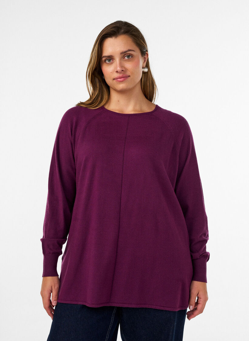 Strikbluse med rund hals og strikket m&oslash;nster, R&oslash;d, Model image number 0