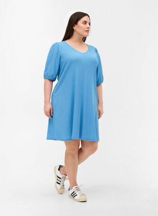 Kjole med pufærmer og v-hals, Azure Blue, Model image number 2
