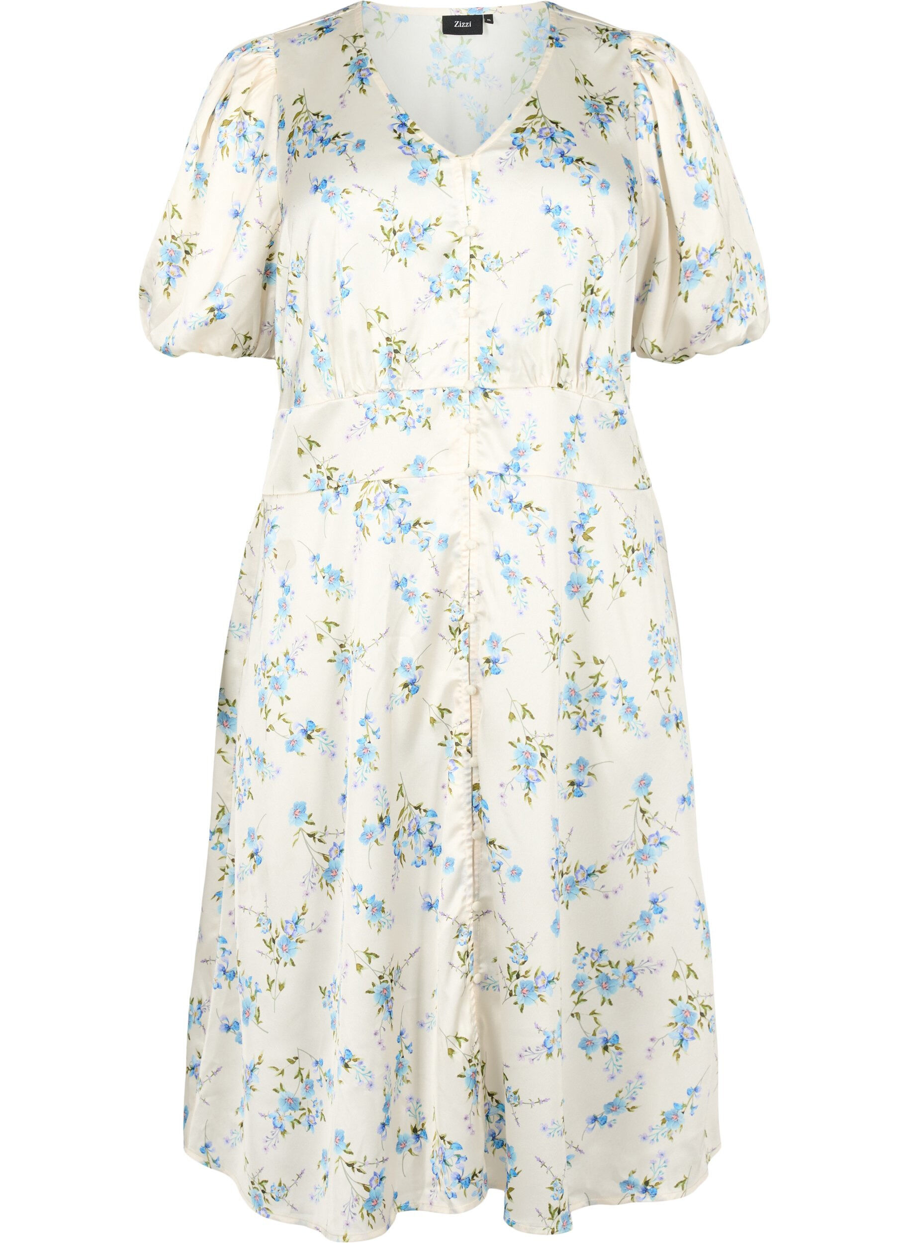 Zizzi Blomstret satinkjole med puf&aelig;rmer, Off White Blue Fl., Packshot image number 0
