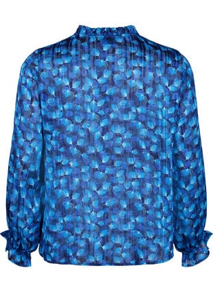 Langærmet bluse med flæser og print, Navy Blazer Leaf AOP, Packshot image number 1