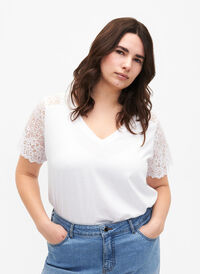 Bomulds t-shirt med korte blondeærmer, Bright White, Model