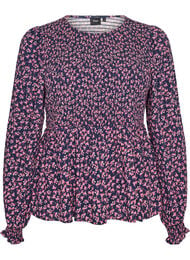 Bluse med smockoverdel og blomsterprint, Bl&aring;