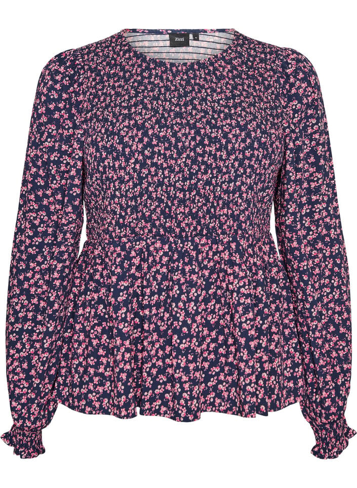Bluse med smockoverdel og blomsterprint, Bl&aring;, Packshot image number 0