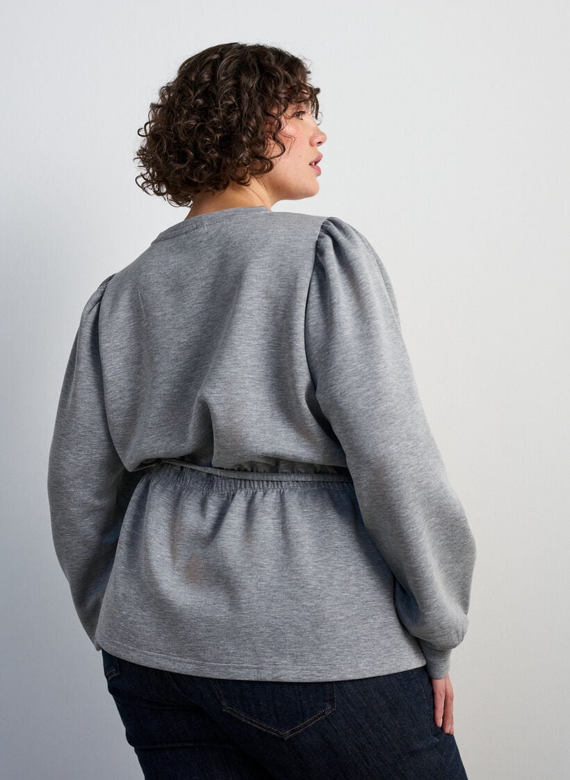 Bluse med bindeb&aring;nd og puf&aelig;rmer, Gr&aring;, Model image number 2